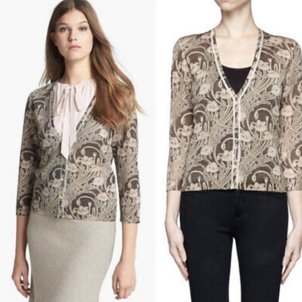 Tory Burch Brown and Beige Sparkly Metallic Floral Print Cardigan Size Small